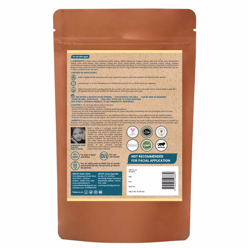 May include: A brown paper bag with a product label. The label has a list of ingredients, instructions, and benefits. The product is not recommended for facial application. The label also includes a Halal certification, GMP certification, and a vegan symbol.