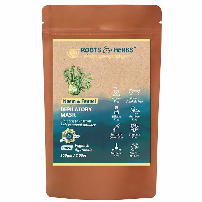 May include: A brown pouch with a yellow label that reads "ROOTS & HERBS" and "Neem & Fennel DEPILATORY MASK". The label also includes a list of ingredients that are free of alcohol, barium sulfide, silicone, paraben, synthetic color, sulfates, ammonia, and mineral oil. The pouch contains 7.05 ounces of clay-based instant hair removal powder.
