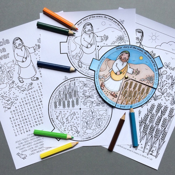 The Parable of the Sower and the Soils colour in story wheel + colouring page and word search, based on the Bible story from Mark 4:1-20