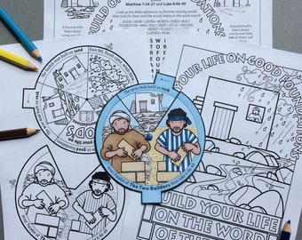 Rueda de la historia de los constructores sabios e insensatos para colorear con páginas para colorear y pasatiempos. Basada en la parábola de Jesús en Mateo 7 y Lucas 6.