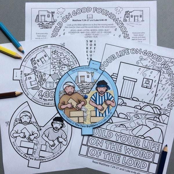 The Wise and Foolish Builders - black and white story wheel with colouring and puzzle pages from Jesus’ parable in Matthew 7 and Luke 6