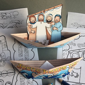 Jesus Calms The Storm - zwei gefaltete Papierboote/Mobile zum ausmalen und gestalten mit Malvorlage aus der Bibelgeschichte in Markus 4:35-41.