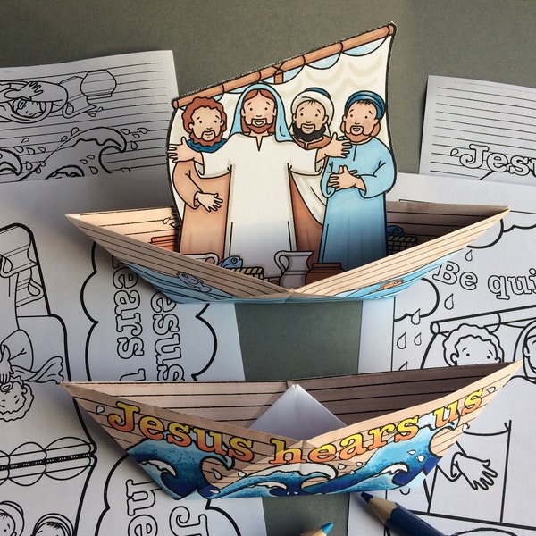 Jesus Calms The Storm - two folded paper boats/mobile to colour in and make with colouring page from the Bible story in Mark 4:35-41.