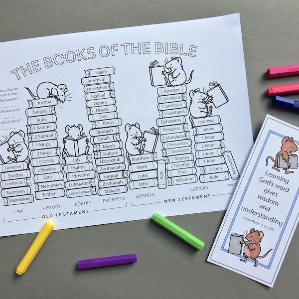 Books of the Bible colouring page with colour in bookmarks.