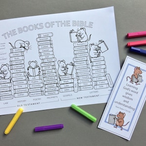 Books of the Bible activity colouring page with colour in bookmarks.