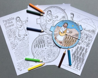 The Parable of the Sower and the Soils colour in story wheel + colouring page and word search, based on the Bible story from Mark 4:1-20