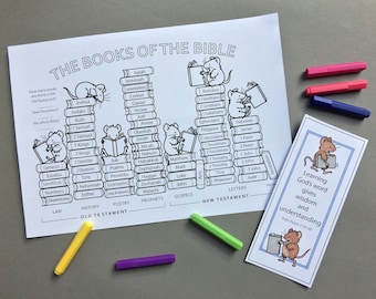 Books of the Bible colouring page with colour in bookmarks.