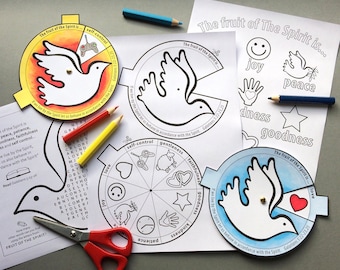 The Fruit of The Holy Spirit colour in story wheel with colouring page and word search. Based on the Bible passage from Galatians 5.