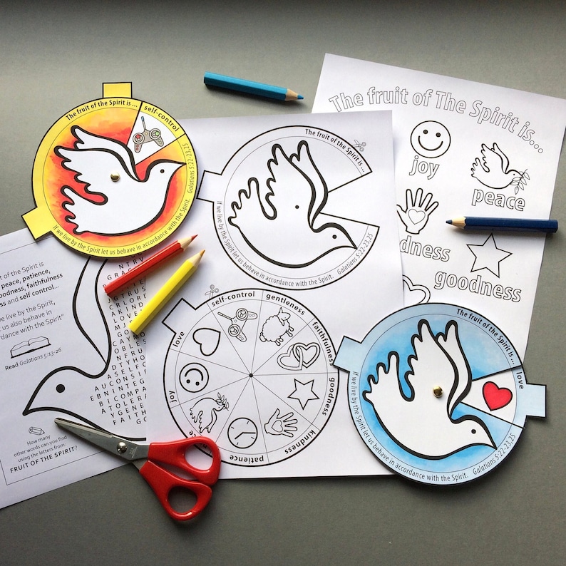 The Fruit of The Holy Spirit colour in story wheel with colouring page and word search. Based on the Bible passage from Galatians 5. image 1
