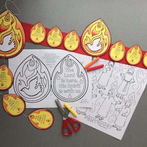 May include: A printable craft activity for Pentecost, featuring a colouring page with the text "The Lord is here, His Spirit is with us" and a set of colourful flame-shaped cutouts with the text "The Holy Spirit" and Bible verses.