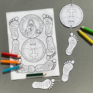 May include: A black and white printable craft featuring Bible verses and illustrations. The design includes a central circle with a cross and footprints, along with foot-shaped cutouts and colored pencils. The text includes "Come Follow Me" and Bible verses.