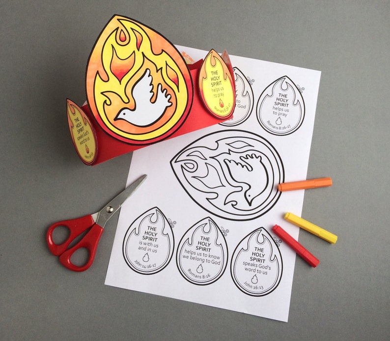 May include: A printable craft activity for children featuring a crown with a dove and flames, along with several tags with bible verses about the Holy Spirit. The tags include verses from John 14:16-17, Romans 8:16, John 16:13, and Romans 8:26.
