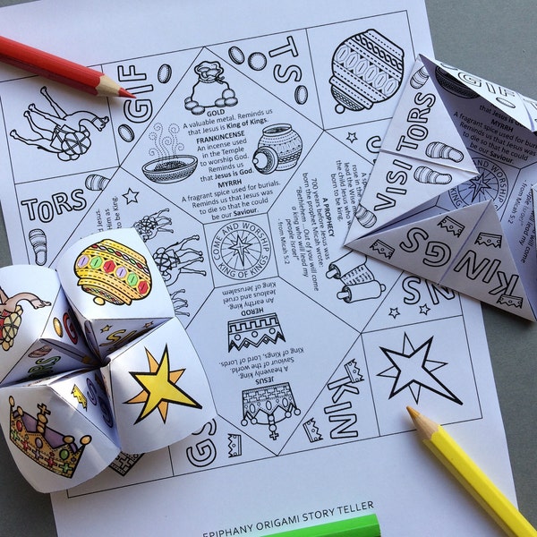 Epiphany Origami Story Teller with colouring page and word search. Based on the story of the Wise Men from Matthew 2:1-12