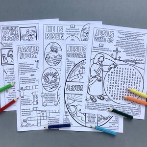 May include: A set of four printable Easter colouring pages featuring Jesus, the cross, and the Easter story. The pages include word searches, mazes, and crosswords. The pages are black and white with colourful accents.