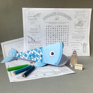 Jonah and the Big Fish activity craft page with colouring page and word search. Based on the Old Testament book of Jonah.