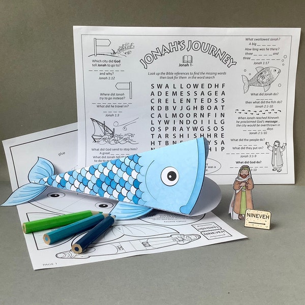 Jonas et le gros poisson : page de bricolage avec coloriage et recherche de mots. D'après le livre de Jonas dans l'Ancien Testament.