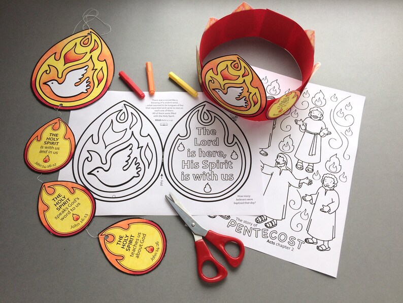 May include: A printable craft activity for children about Pentecost. The image shows a colouring page with illustrations of people and flames, a crown with a dove and flames, and several cut-out flame shapes with Bible verses about the Holy Spirit.