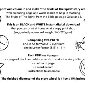 The Fruit of The Holy Spirit colour in story wheel with colouring page and word search. Based on the Bible passage from Galatians 5. image 6