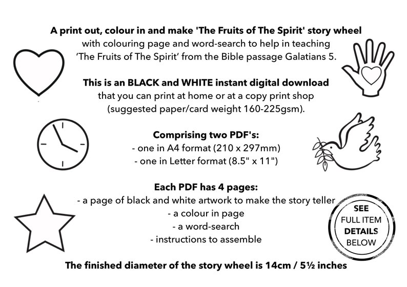 The Fruit of The Holy Spirit colour in story wheel with colouring page and word search. Based on the Bible passage from Galatians 5. image 6
