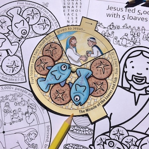 Jesus feeds 5,000 - The Miracle of the Loaves and Fish colour in story wheel with colouring page and word search. Based on John 6:1-15