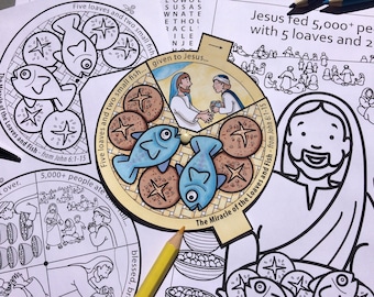 Jesus feeds 5,000. Miracle of the Loaves and Fish. Colour in story wheel, colouring page and word search. Based on the Bible story in John 6