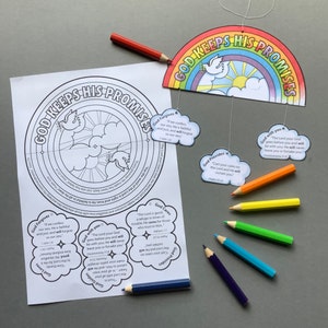 May include: A printable colouring page with a circular design featuring a rainbow, clouds, and doves. The text "GOD KEEPS HIS PROMISES" is written around the circle. There are also several smaller cloud-shaped cards with bible verses about God's promises.