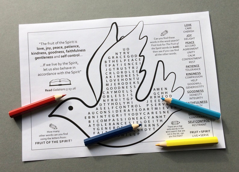 The Fruit of The Holy Spirit colour in story wheel with colouring page and word search. Based on the Bible passage from Galatians 5. image 5