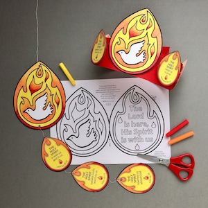 Pentecost Holy Spirit colour in and make mobile and headband with colouring page. Based on the Bible story from Acts 2.