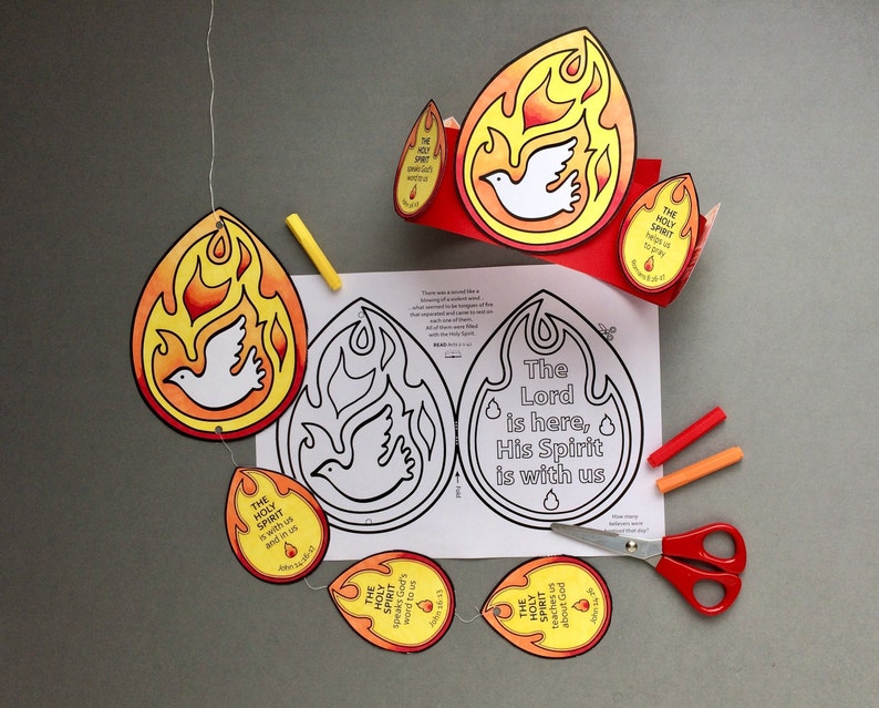 Examples of the craft once coloured and made into a mobile and a crown with the original printed page