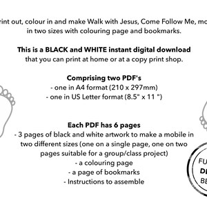 May include: Black and white digital download with instructions to make a mobile, coloring page, and bookmarks. Includes two PDF formats: A4 (210 x 297mm) and US Letter (8.5" x 11"). The download includes artwork for a mobile in two sizes.