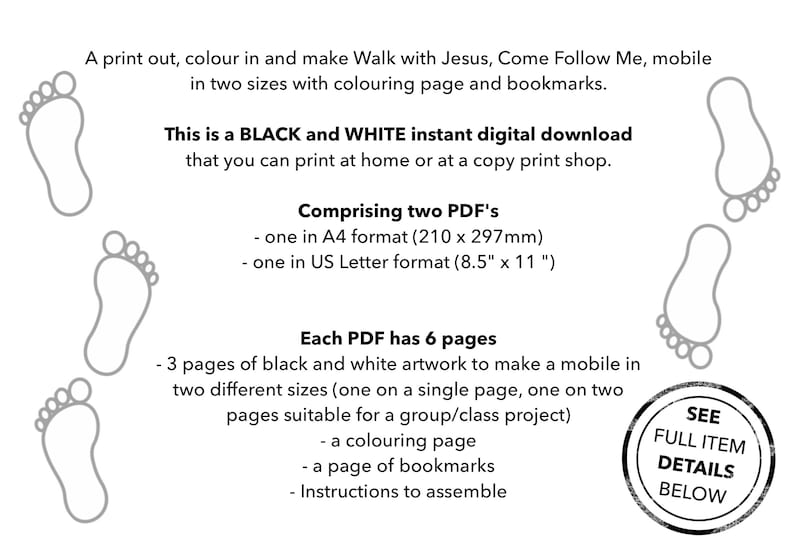 May include: Black and white digital download with instructions to make a mobile, coloring page, and bookmarks. Includes two PDF formats: A4 (210 x 297mm) and US Letter (8.5" x 11"). The download includes artwork for a mobile in two sizes.