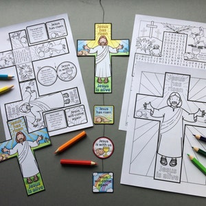 May include: A set of printable colouring pages featuring a cross with the words "Jesus has risen" and "Jesus is alive". The pages also include a word search puzzle with the words "Jesus has risen" and "Jesus is alive".