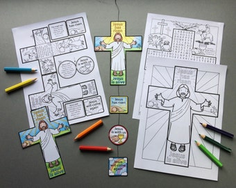 Osterkreuz Mobile oder Lesezeichen mit Malvorlage und Wortsuchel in schwarz-weiß zum ausmalen.