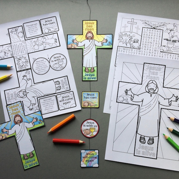 Easter Cross mobile or bookmark with colouring page and word search in black and white to colour in.