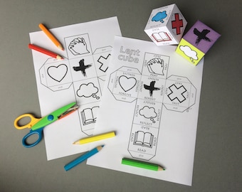 Lent Cube with Bible reading plan and Lent activity ideas. Print, colour in and make.