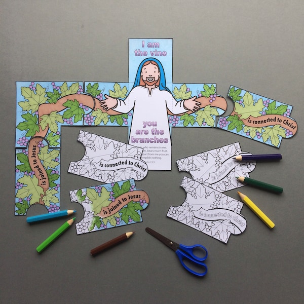 Vine and Branches group craft activity with bookmarks and puzzle page in black and white for colouring in