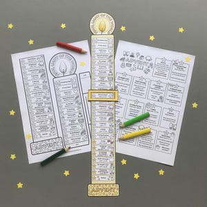 May include: A printable Advent calendar activity for children. The calendar features a candle with a yellow flame and the words "Light of the World". The calendar includes a variety of activities, such as reading Bible verses, singing songs, and doing crafts. The calendar is decorated with stars and the word "Advent".
