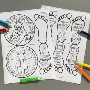 May include: Two white paper sheets with black line drawings and text, including "Follow Me" and "I Am Following Jesus." Colored pencils in blue, red, green, yellow, and orange are scattered around the sheets. The theme is religious.