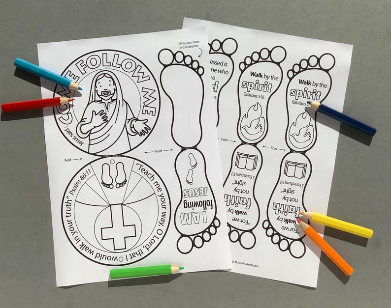 May include: Two white paper sheets with black line drawings and text, including "Follow Me" and "I Am Following Jesus." Colored pencils in blue, red, green, yellow, and orange are scattered around the sheets. The theme is religious.