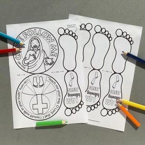 May include: Two white paper sheets with black line drawings of Jesus, footprints, and text. The text includes "Come Follow Me," "I am following Jesus," and Bible verses. Colored pencils in blue, red, green, yellow, and orange are scattered around the papers.