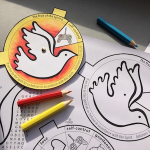 The Fruit of The Holy Spirit colour in story wheel with colouring page and word search. Based on the Bible passage from Galatians 5. image 2