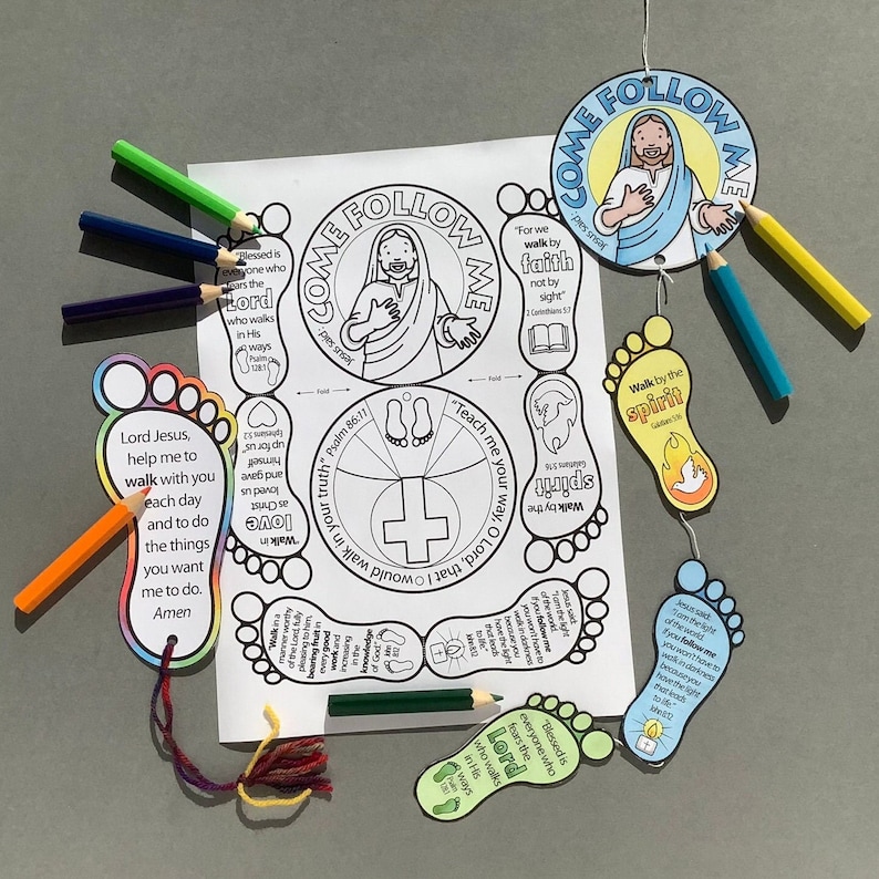 May include: A religious craft kit featuring a coloring page with the words "Come Follow Me" and illustrations of Jesus. Includes colorful pencils and foot-shaped cutouts with Bible verses. A creative activity for spiritual learning.