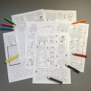May include: A set of printable worksheets for children to learn about the Bible. The worksheets feature colourful illustrations of mice, a shepherd, and a seed. The worksheets include word searches, puzzles, and Bible verses.