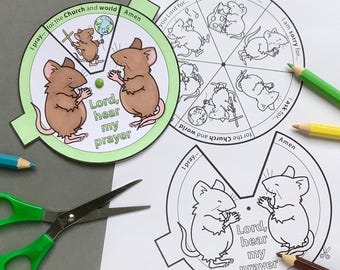Wie man betet Kirche Maus Gebetsmühle Aktivität. Zwei Größen zum Ausmalen und Gestalten mit zusätzlicher Malvorlage.