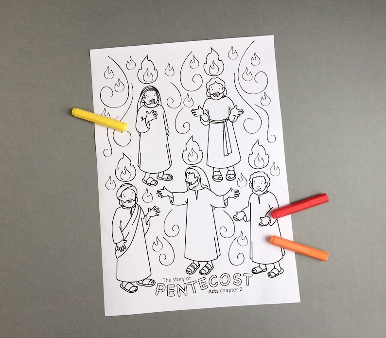 The colouring page shows the disciples surrounded by wind and tongues of fire.