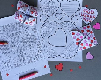 God is Love Origami Geschichtenerzähler und Karte mit Malvorlage. In schwarzweiß zum ausmalen.