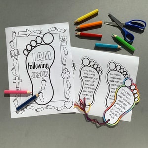 May include: A collection of children's craft supplies, including coloring pages with the text "I AM following JESUS" and "Lord Jesus, help me to walk with you". Also included are colored pencils and scissors.