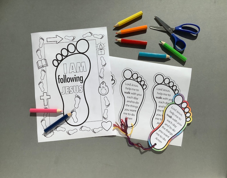 May include: A collection of children's craft supplies, including coloring pages with the text "I AM following JESUS" and "Lord Jesus, help me to walk with you". Also included are colored pencils and scissors.