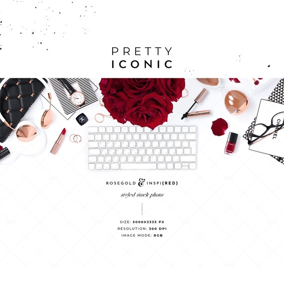 Red Roses And Black Styled Stock Photo Feminine Desktop Etsy