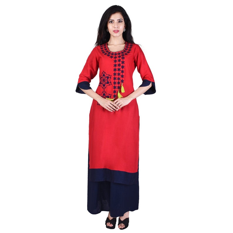 India Women/'s Rayon Printed Kurta With Palazzo Set Round Neck Embroidered Kurta